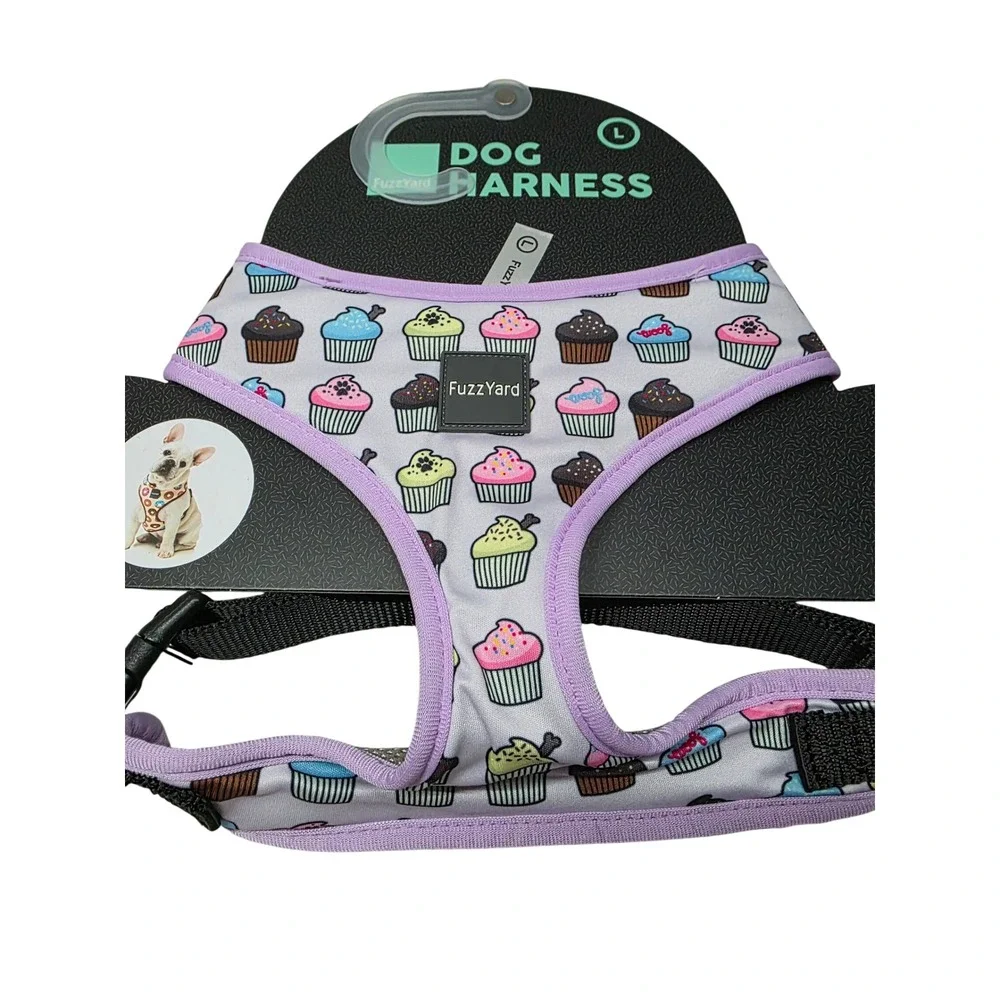 FuzzYard Dog Harness Large Cupcake Print Purple Trim Adjustable Soft Halter